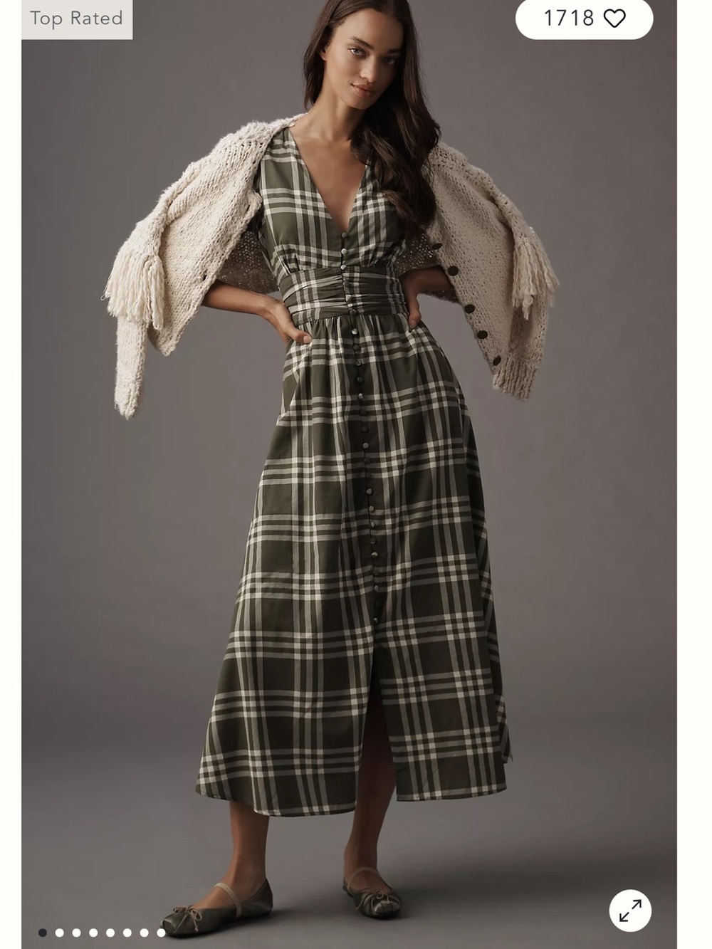 Anthropologie Olive Green Plaid Maxi Dress with Puff Sleeves